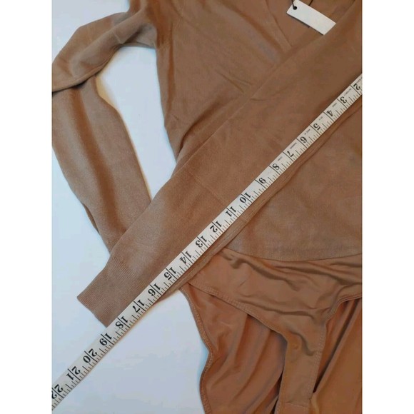 Olivaceous Lt Brown Soft Faux Wrap Bodysuit V Neck L Tie Lightweight Sweater - Picture 6 of 8